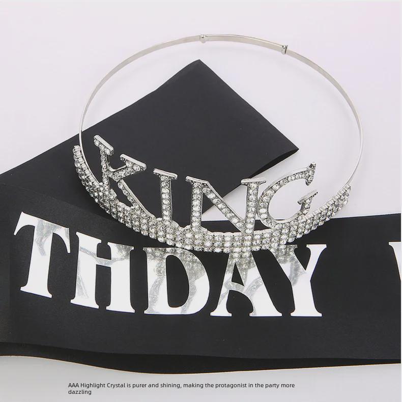 Men's Birthday King Crown and Sash Set - Party Hat Headdress for Cake Celebration