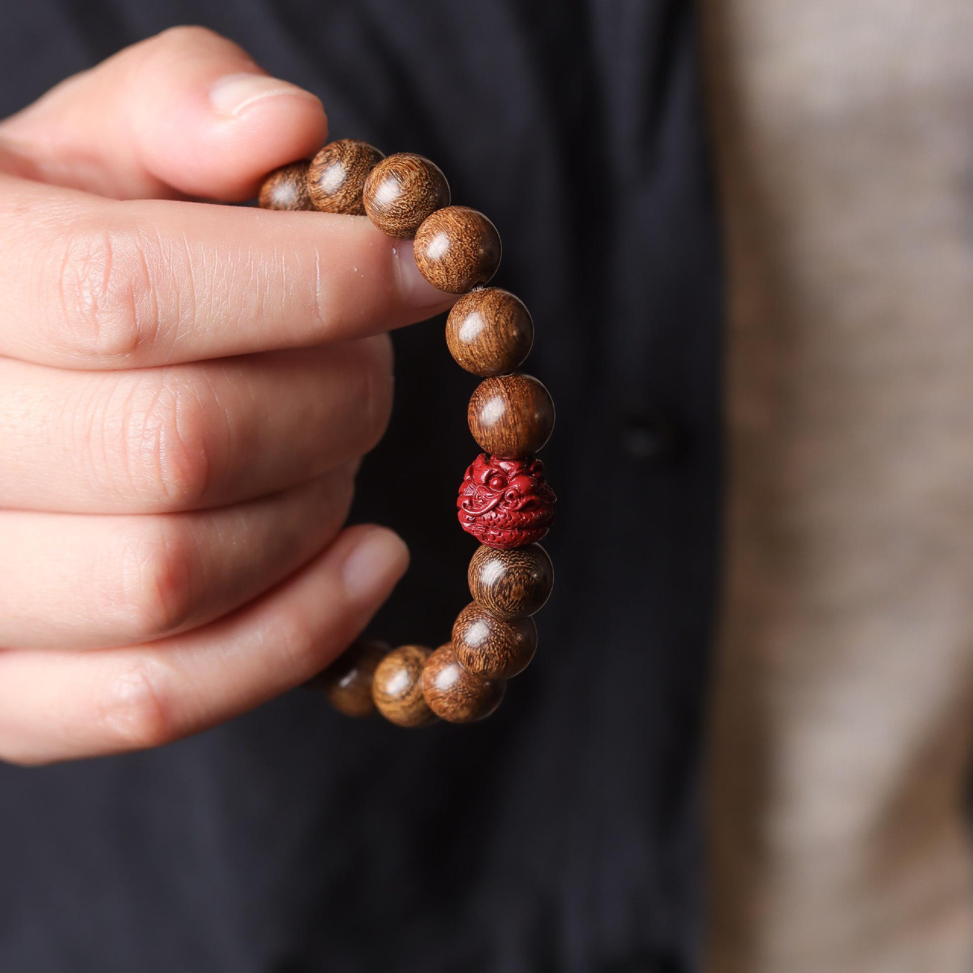 Golden Sandalwood Bead Bracelet with Cinnabar Zodiac Animals for Men & Women, Ethnic Style.