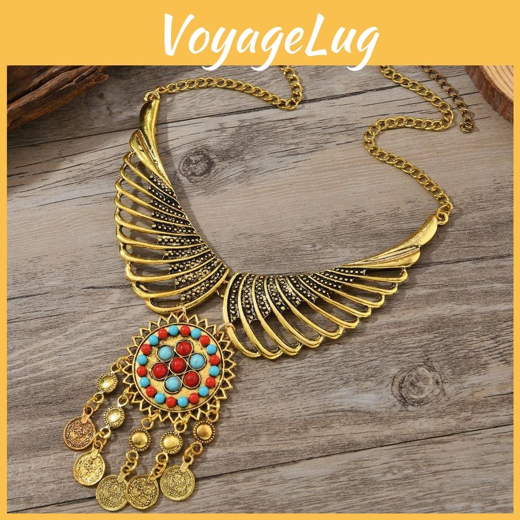 Bohemian Ethnic Inspired Angel Wing Necklace With Geometric Pendant And Coin Tassel For Fashion Enthusiasts