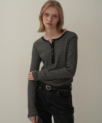 MOTT Henley Neck Striped T-Shirt - Black