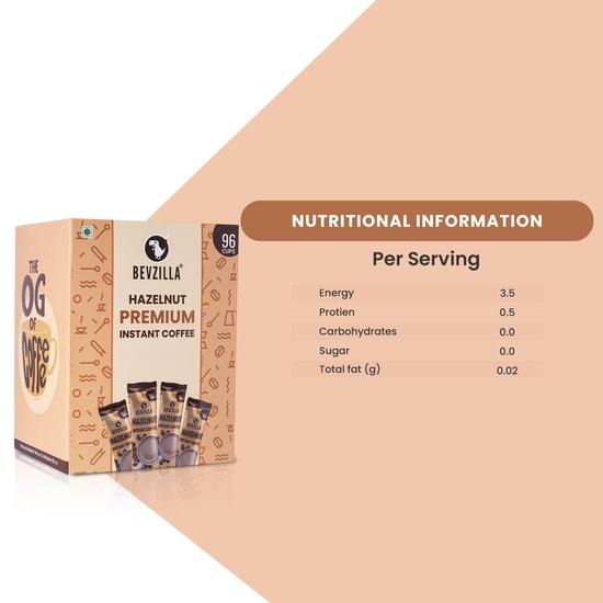 Bevzilla 96 Pliculețe de Cafea Instant (Alune) -192 Grams |Cafea Arabica| Ușor de Transportat|Cel Mai Bun Pentru Espresso, Latte, Cappuccino| Savurați Fierbinte și Rece