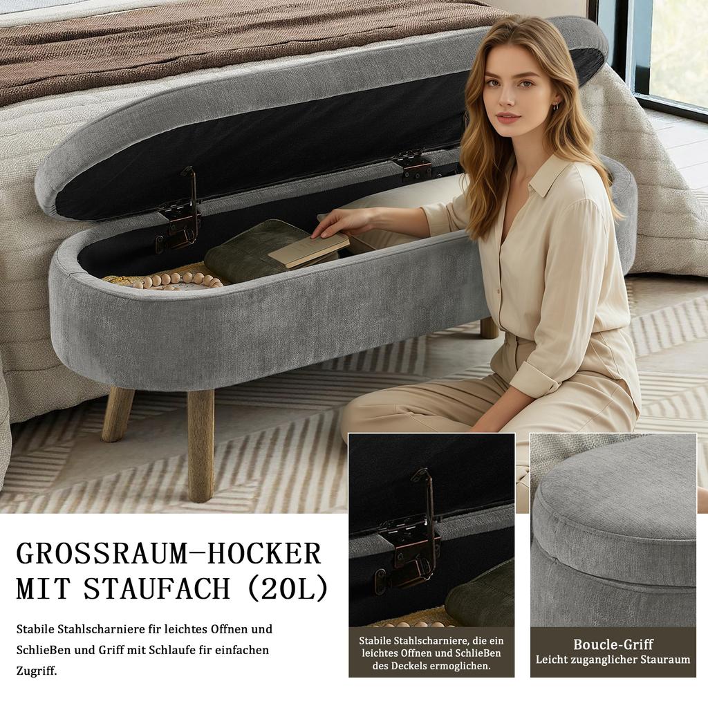 Multifunctional Bench, Soft Chenille, Wood Legs, Wood Frame, 20L Storage Space, 110x40x42cm, for Bedroom, Living Room, Shoe Bench, Hallway, Dark Gray