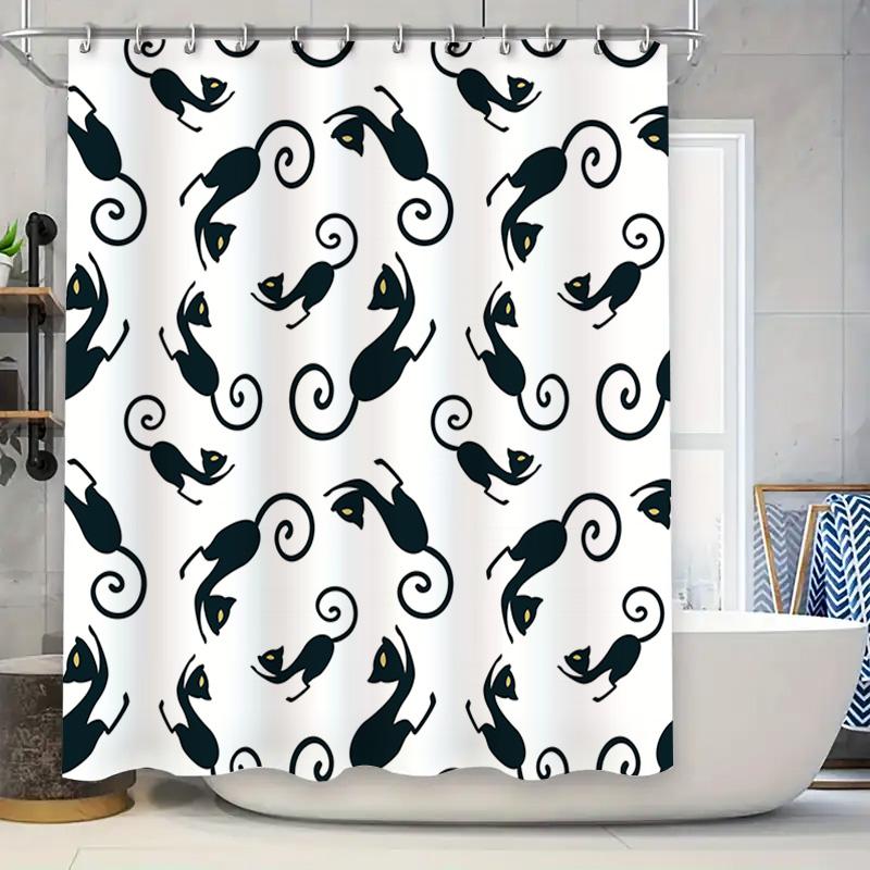 Black Cat Print Shower Curtain with White Background Bathroom Decor 90x180cm