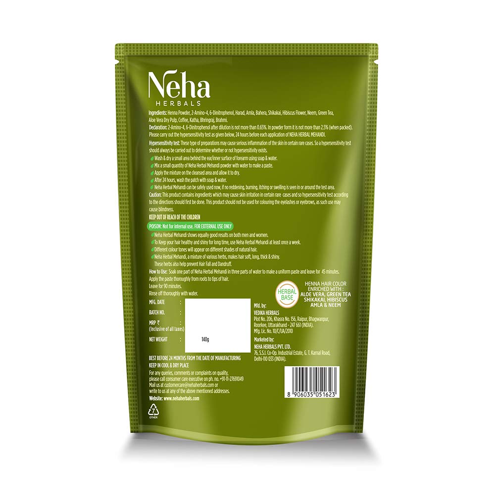 Neha Herbals Natürliches Henna-Pulver 140 g x 2er-Pack Für weiches, glänzendes Haar Nährende Haarfarbe und Pflege
