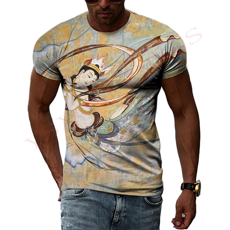 China Dunhuang Mural Graphic Shirt 3D Harajuku Print New Summer Retro Art Casual Short Sleeve Top For Men And Women Personality