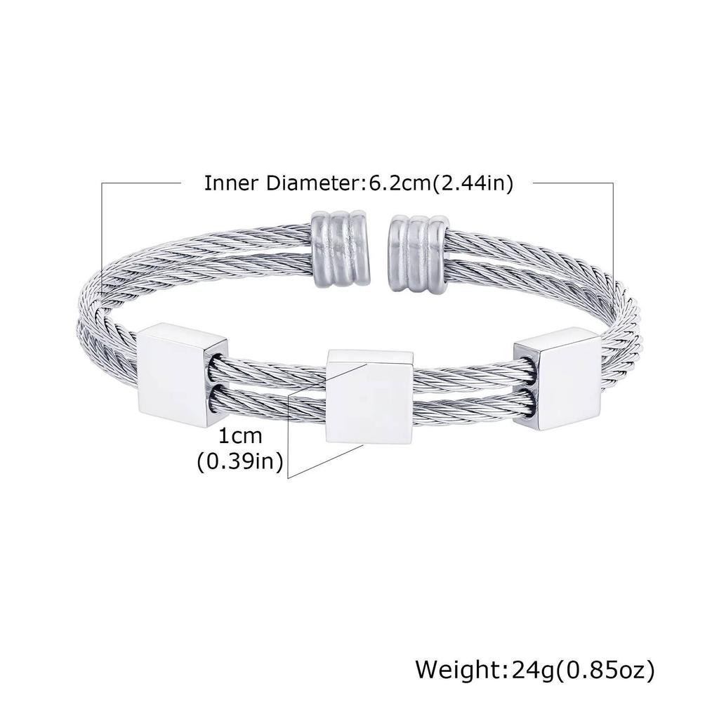 Vnox 10mm Width Double Layer Steel Rope Bracelet, Gold Silver Color Open Cuff Bangle with Square Charm, Men's Punk Jewelry Gifts
