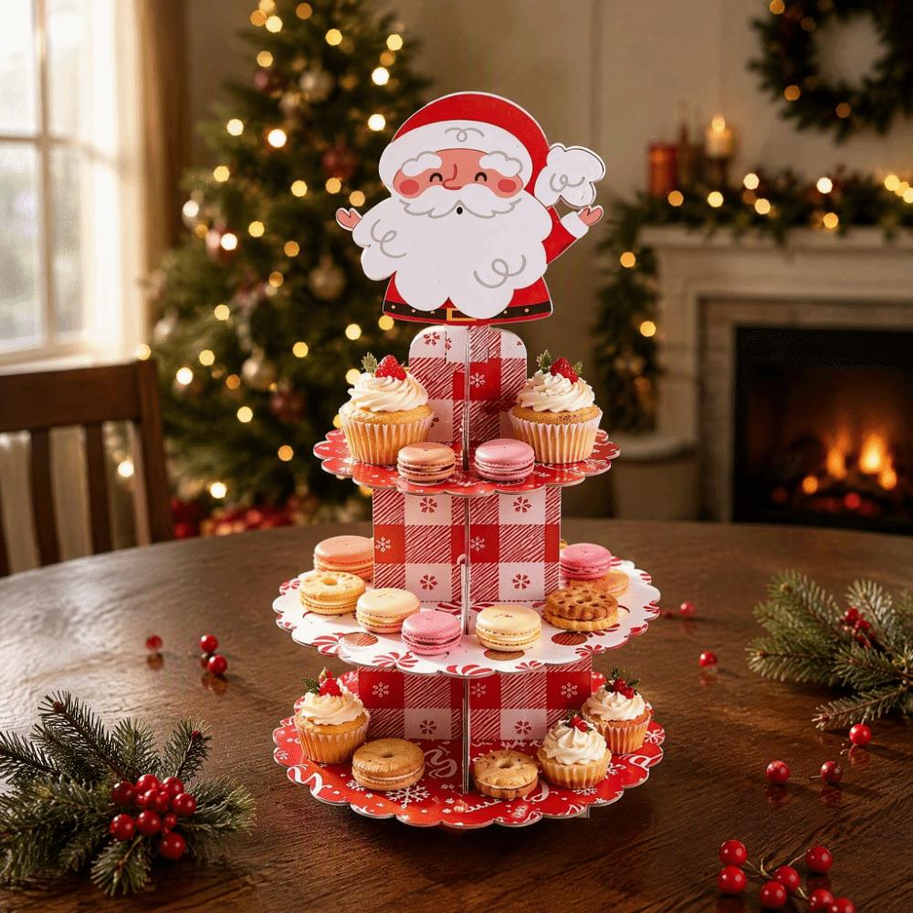 Round Santa Claus Cupcake Stand 3 Tier Cake Display Rack Christmas Party Supplies
