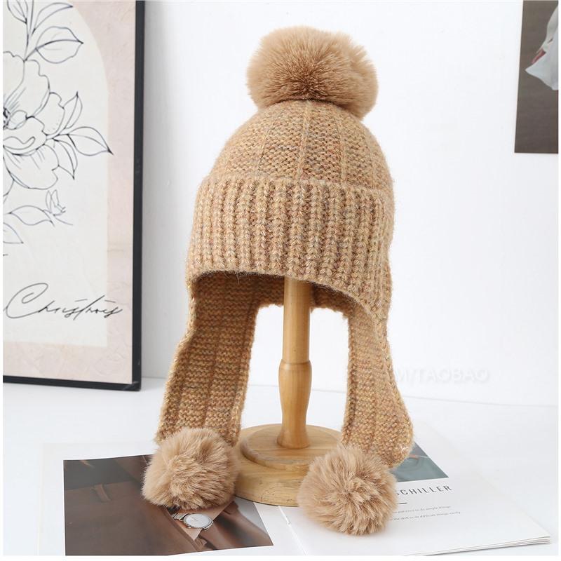 Winter Korean Thickened Hairball Ear Protection Knitted Bomber Hat Women Simple Casual Windproof Warm Small Face Wool Beanie Cap