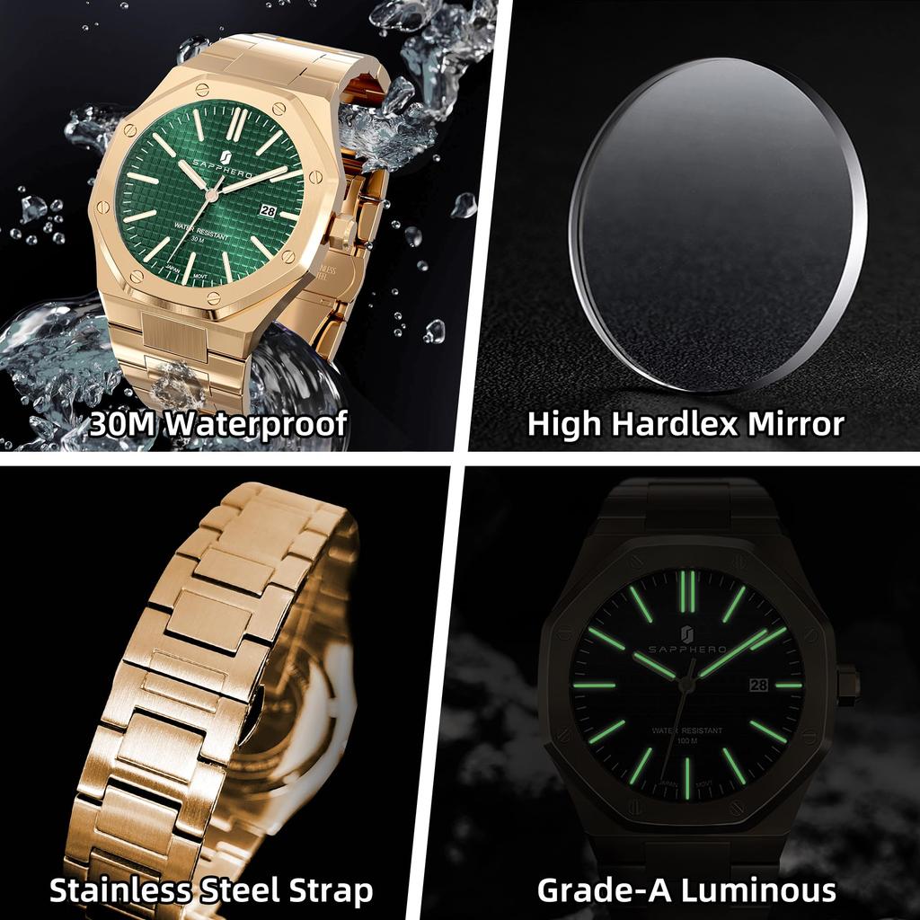 SAPPHERO Octagonal Stainless Steel Waterproof Luminous Wristwatch Luxury Analog Quartz Watch with Date Display Dress Business Watch Casual Luxury