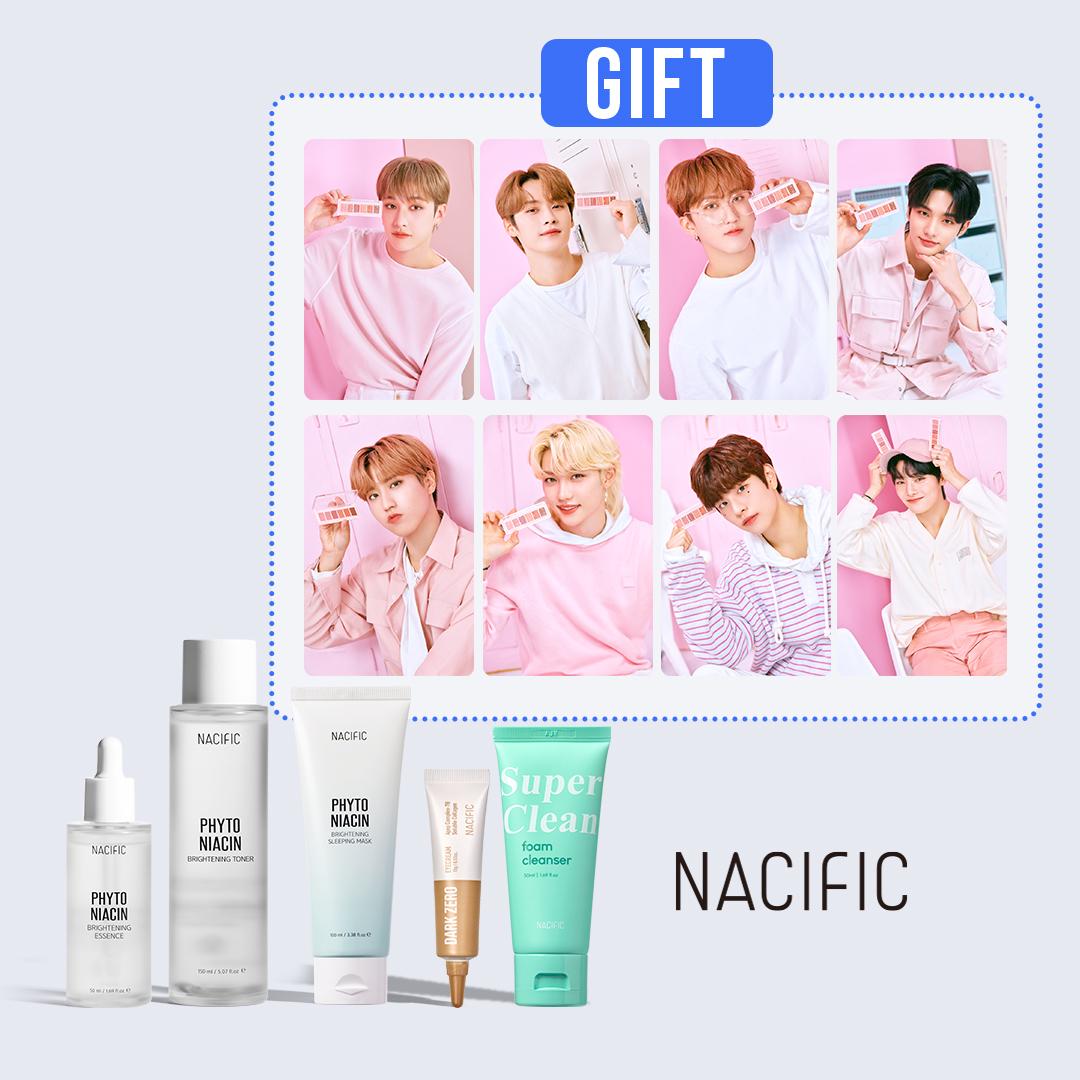 [NACIFIC X SKZ] Осветляющий набор с фитониацином (тонер, эссенция, ночная маска),Крем для век Dark Zero + очищающая пенка (подарок)+OT8SKZ Фотокарточки