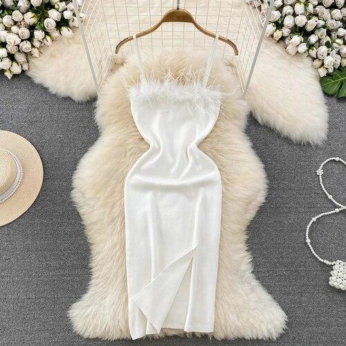 RUGOD France Sexy Knitted Club Dress Women Sleeveless Split Sundress Vintage Short Dress Feathers Montage Green Slim Dress