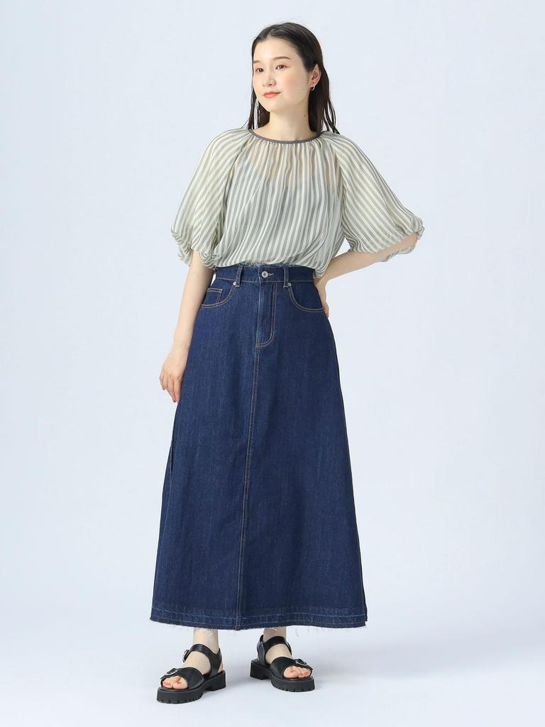 Beams Heart S/S Shirt, Sheer Stripe Balloon Blouse, Women's, Gray, One Size