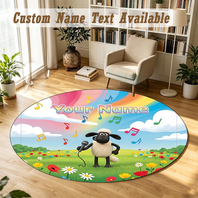 Round Rug Custom NameShaun the Sheep Pattern Non Slip Carpet Home Floor Decor