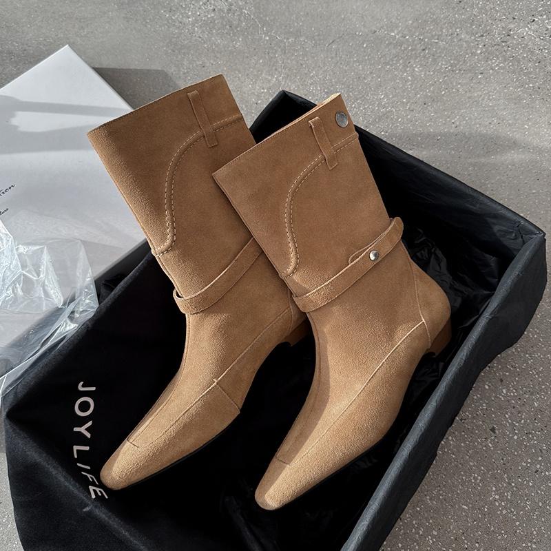 Fashion 2025 Autumn Winter New Trend Natural Cow Suede Retro Women Shoes Mid Calf Boots Brown Mid Heel Chunky Heels Square Toe Boots
