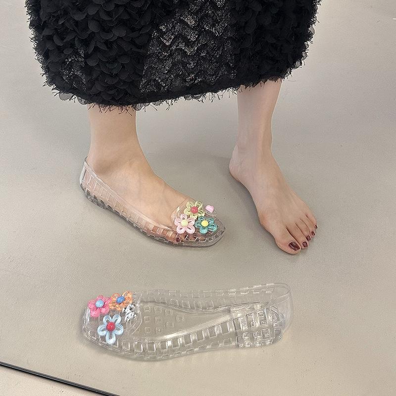 Hollow Single Shoes Women's New Summer Transparent Soft-soled Jelly Shoes Fashionable Flower Shallow Mouth Flat Bottom Hole Sandals