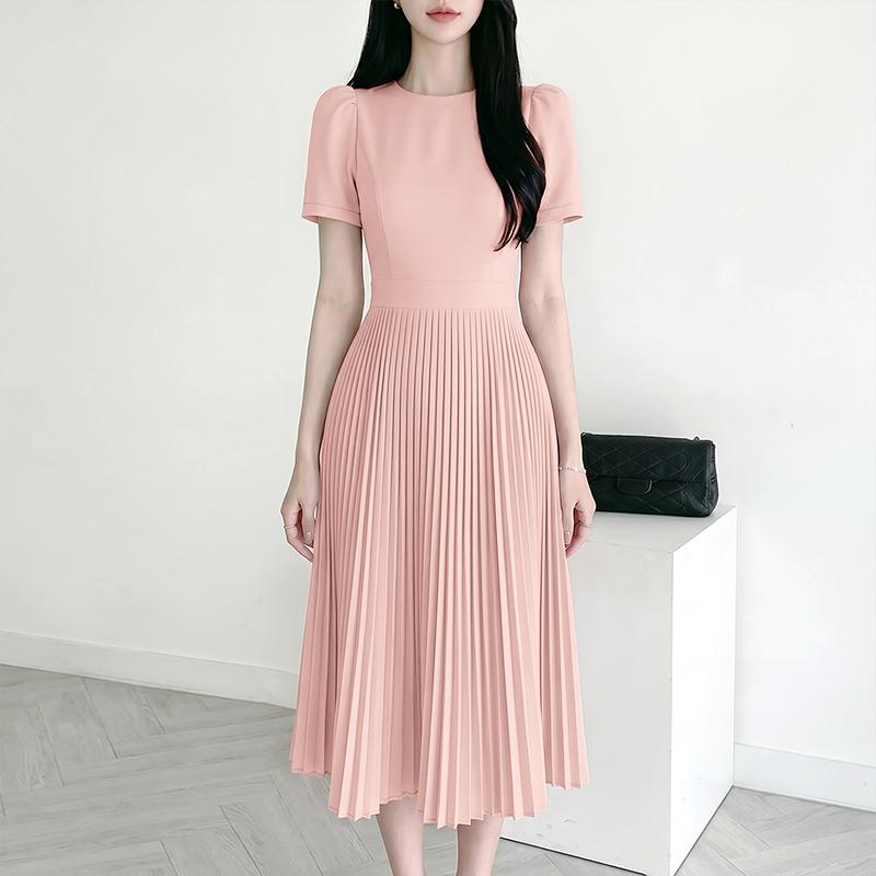 ZANZEA Women Casual Round Neck Short Sleeve Elegant Pleated Dress