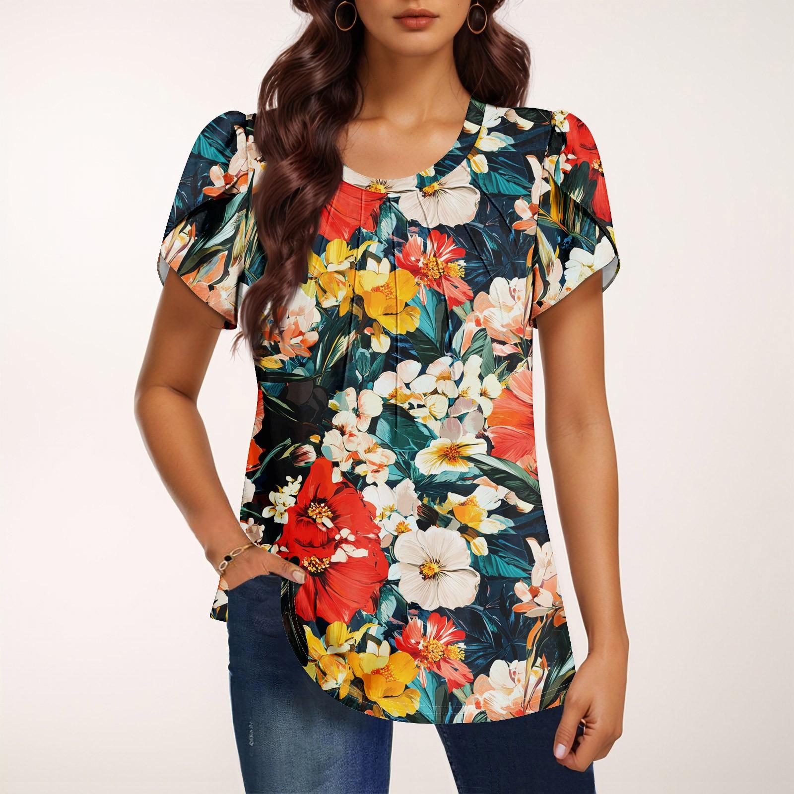 

Женская модная футболка с круглым вырезом и коротким рукавом с принтом, повседневная, базовая, плиссированная, пуловер M красный