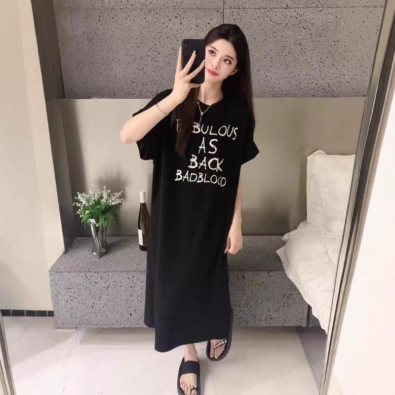 Women's Summer Loose Letter Print Short-sleeved T-shirt Fashionable and Laid-back Style Over-the-knee Casual Dress