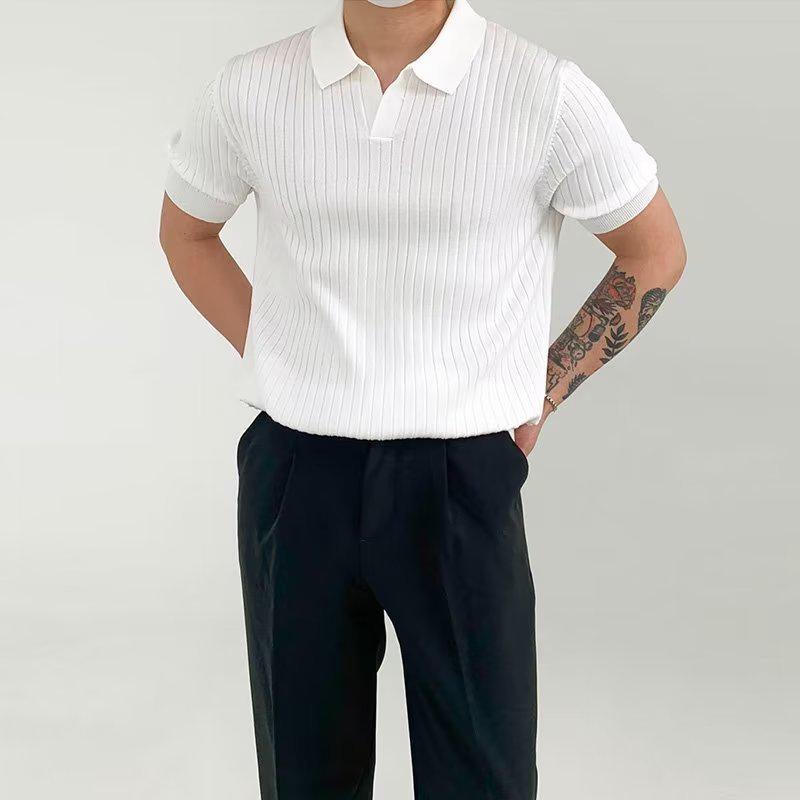 Striped Summer Knit Elastic Polo - Loose Fit Short Sleeve Shirt