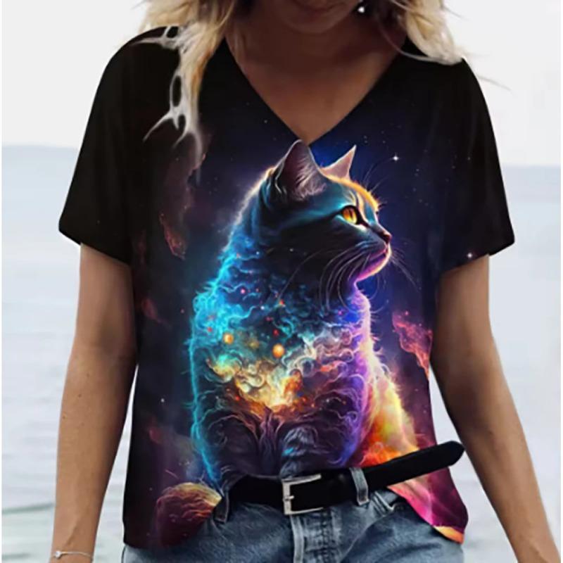 Women's V-Neck Short Sleeve T-Shirts Animals Printed Summer Clothing Cute Cartoon Cat Woman Tshirts Oversized Tops Clothing Tops