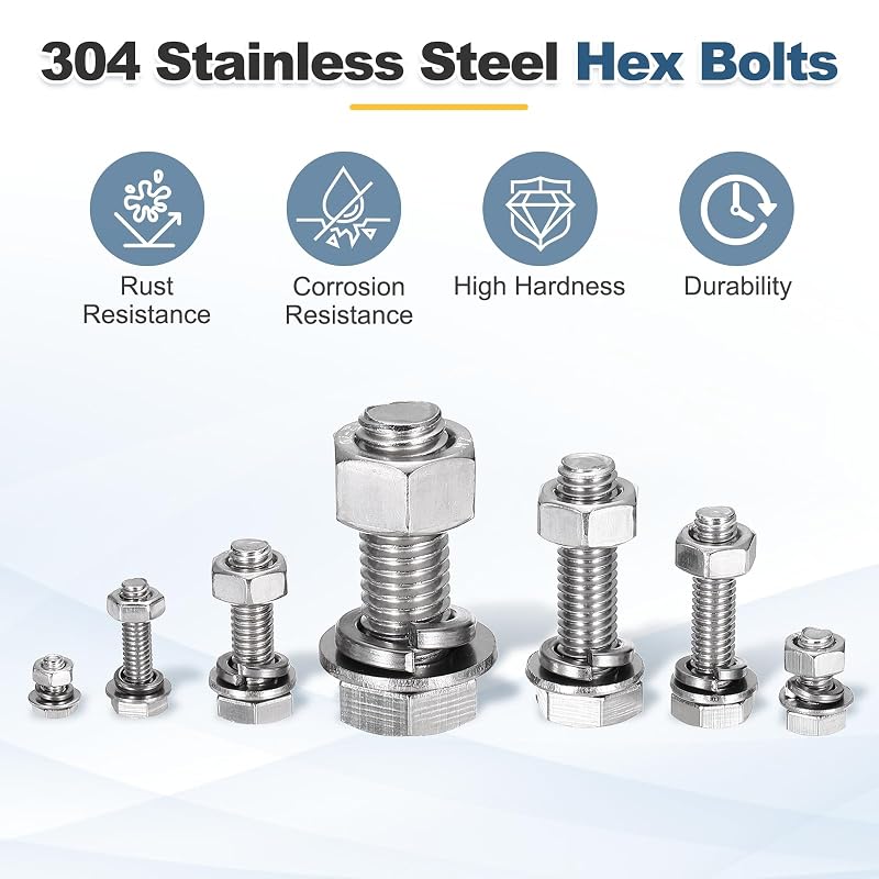 uxcell Hex Bolts M6 x 20mm 304 Stainless Steel Bolt, Nut, Washer Set, Hex Screw Set, Fully Threaded, 8 Sets