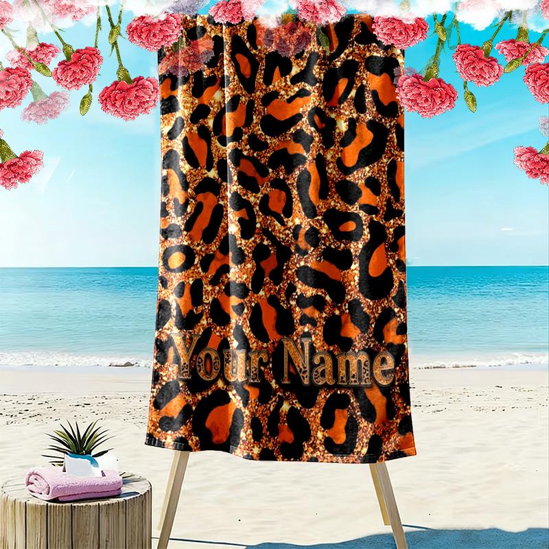 Name Custom Cow Leopard Pattern Print Beach Towel, Large Soft Quick Dry Towel for Beach Camping Swimming