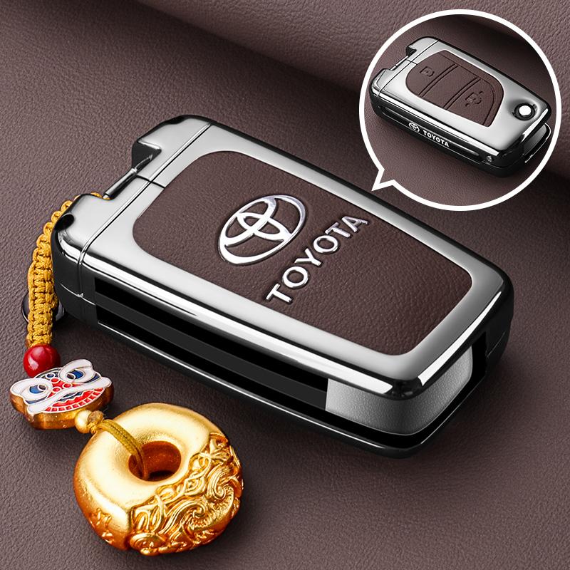APQ4   Metal Leather Flip Car Key Fob Case Cover Keychain Ring For Toyota CHR C-HR Corolla Hatchback Sedan RAV4 LE Camry SE Hilux