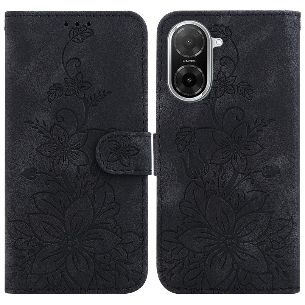 For Xiaomi Redmi A5 4G (171.7mm)/Poco C71 4G Stand Case Lily Flower Imprint Leather Phone Cover with Wrist Strap