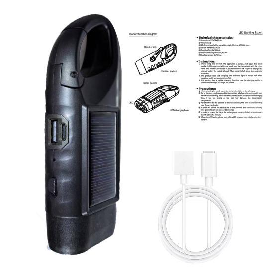 Solar And Hand Crank Flashlight 5-in-1 Emergency LED Light with Type-C Charging Waterproof Portable Power Bank for Camping Outdoor Use