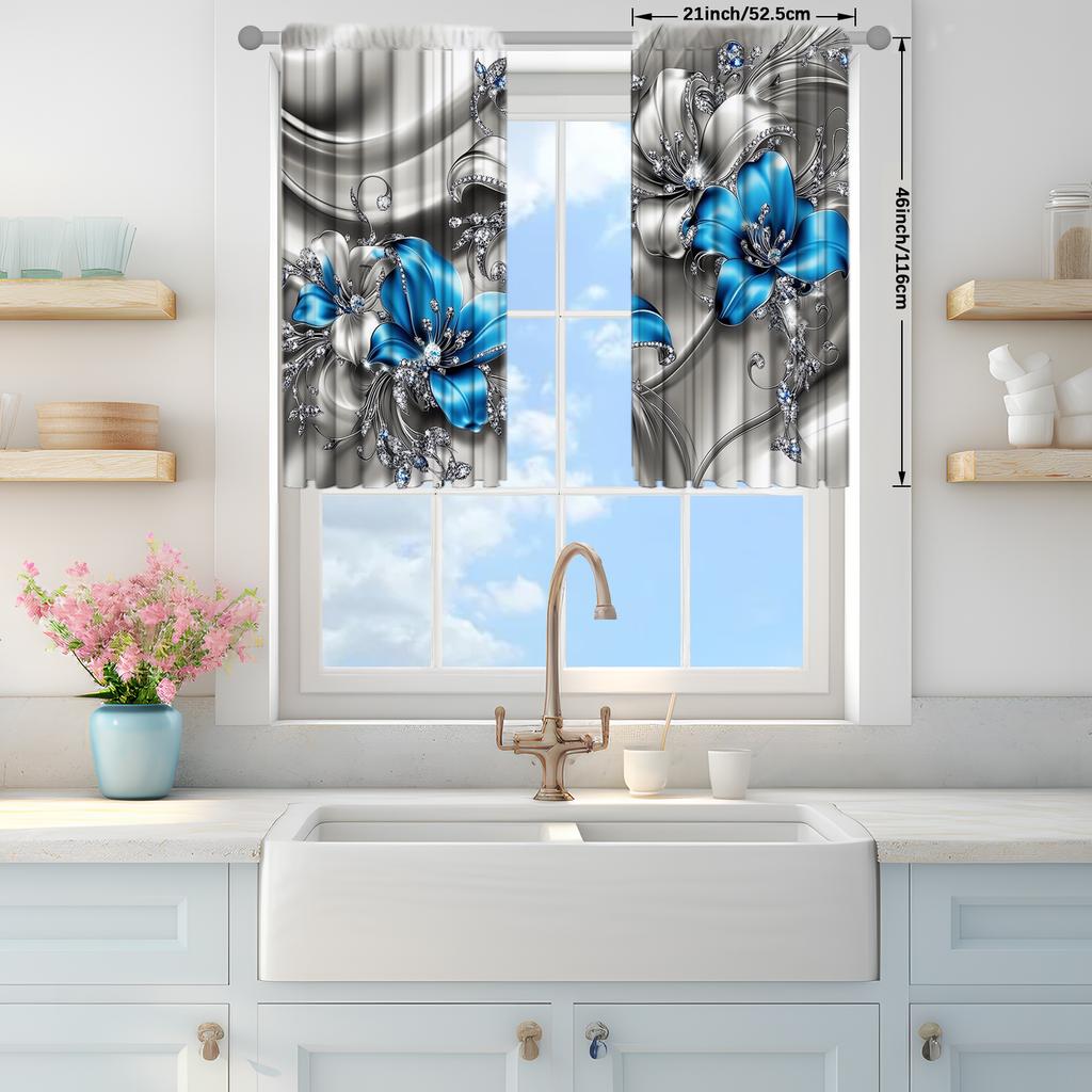 2pcs 3D Gorgeous Blue Jewelry Flower Printed Curtain for Home Decor - Rod Pocket Window Treatment for Bedroom, Office, Kitchen,