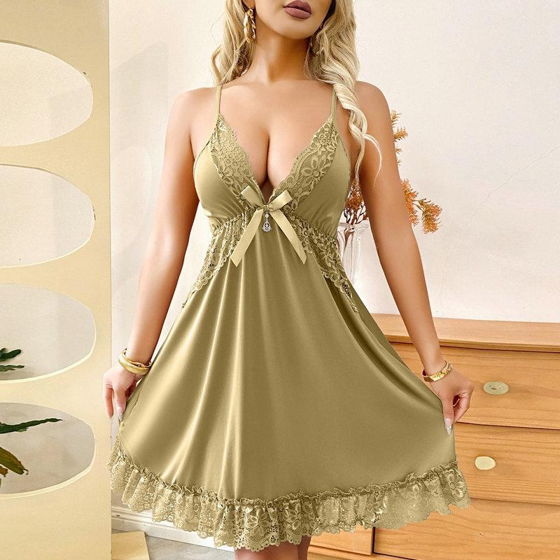 Sexy lingerie lace suspender loungewear white V-neck sexy nightdress sexy pajamas plus size dress