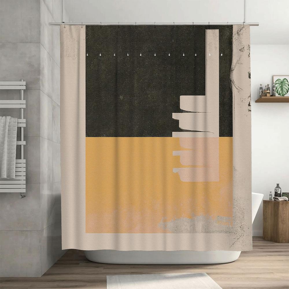 Modern Black And Gold Bathroom Shower Curtain Set Decor With Abstract Geometric Design White Bath Tub Background Home Decoration