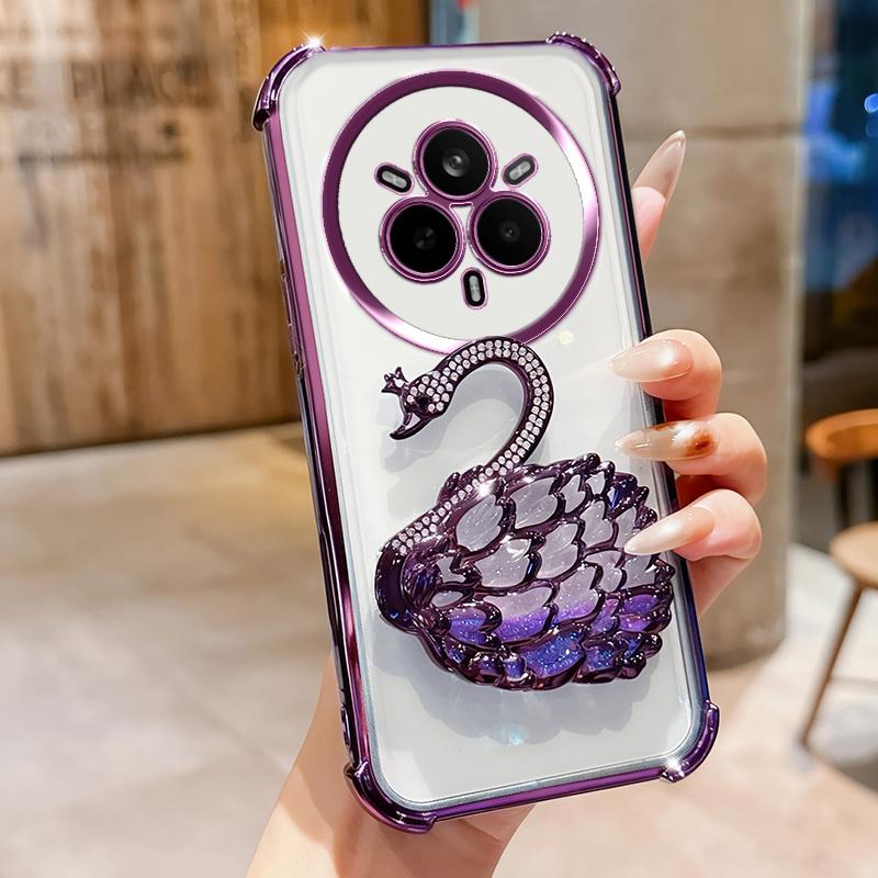KEYSION Shockproof Plating Phone Case for Realme 14 Pro 5G Clear TPU Glitter Jewelled Swan Kickstand Back Cover for OPPO Realme 14 Pro+ 5G