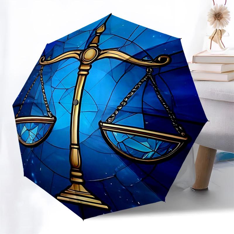 

1pc Stained Glass Scales of Justice Automatic Opening/Closing Umbrella - Portable 3-Fold Design with Iron Frame - Outdoor - Ideal Gift for Fans, Trave