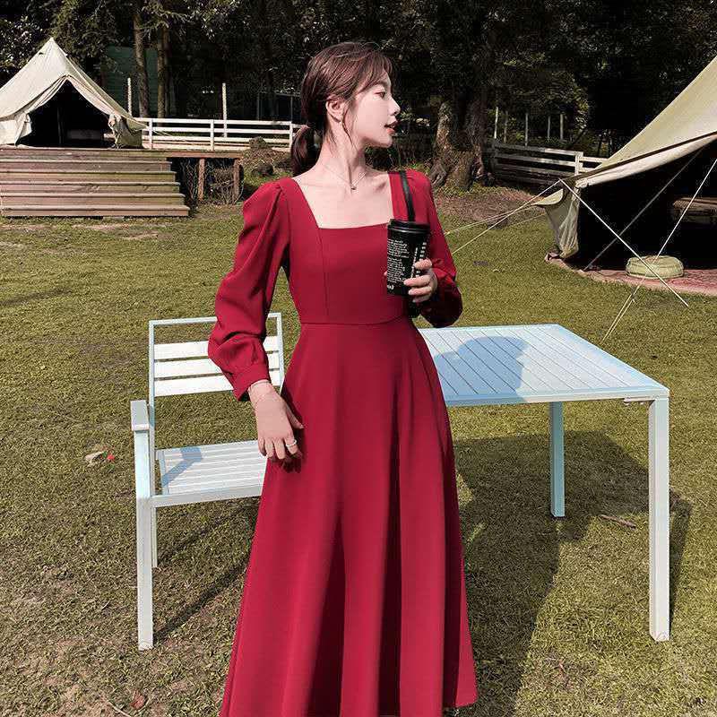 

Long Dress Women Fashion Dress Women s Long-sleeved Skirt Temperament Square Collar Over The Knee Long Hepburn Style Small Black Dress 2XL червоний