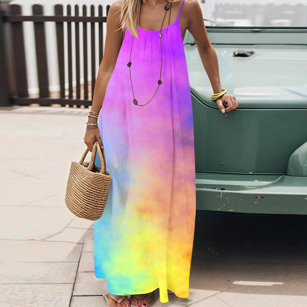 Dámské Módní Ležérní Volné Šaty s Květinovým Potiskem a Úzkými Ramínky Bez Zad