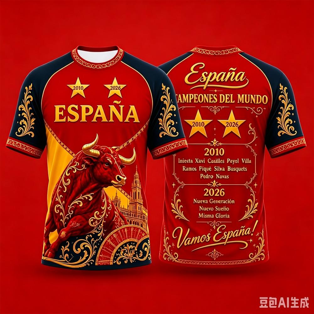 Men Two-Star Spain Commemorative Football Jersey Sports Tee