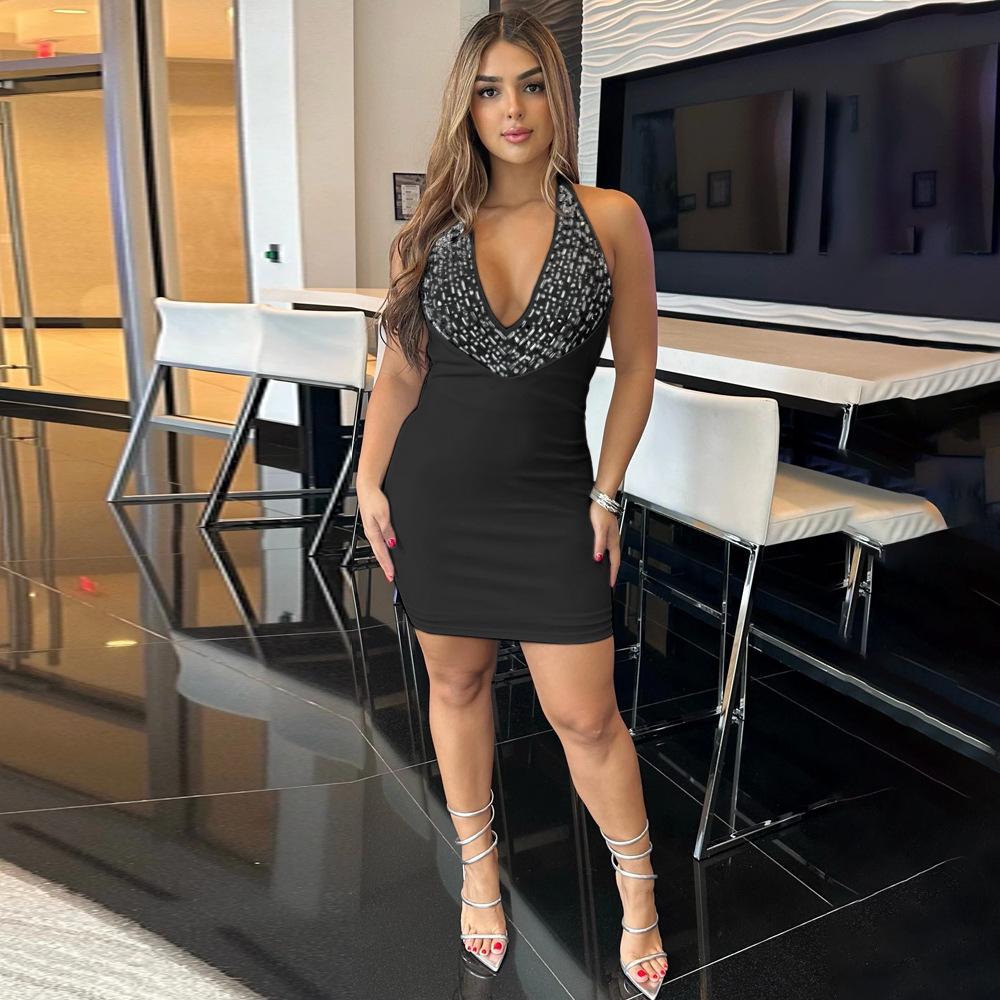 CY901108 European and American Fashionable and Sexy V-neck Neck Hot Diamond Dress Women's Party Hip Skirt