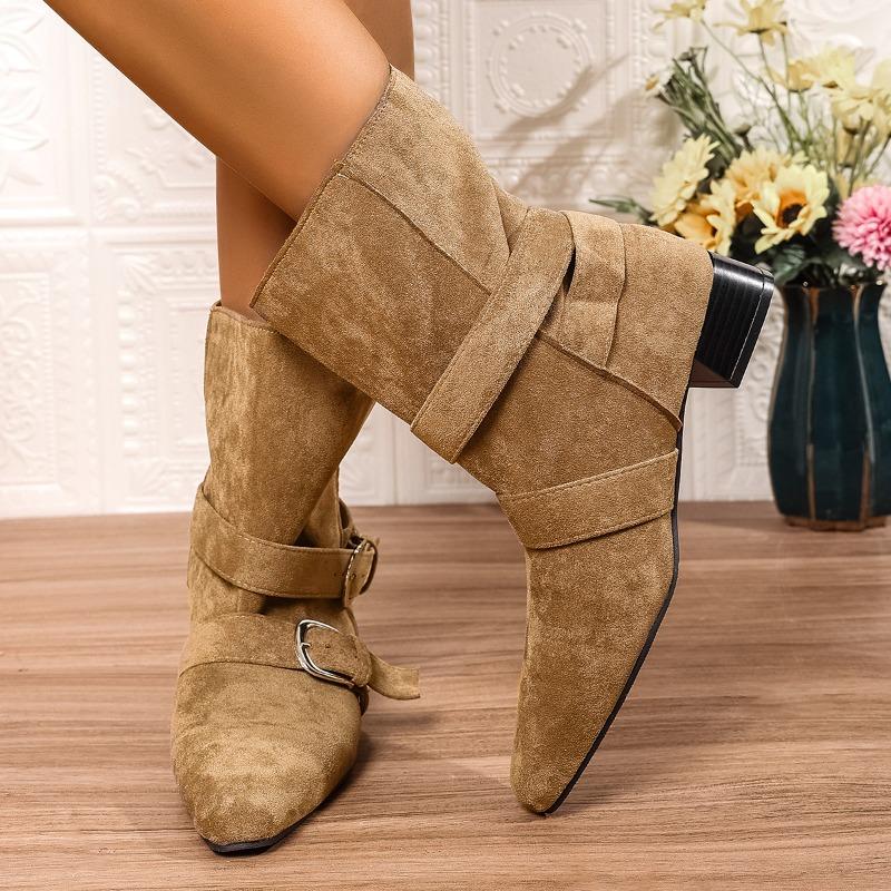 Fashion Suede Short-thigh Boots Autumn New Women's Fashion Round Toe Metal Buckle Cover Foot Non-slip Wear-resistant Block Heel Boots