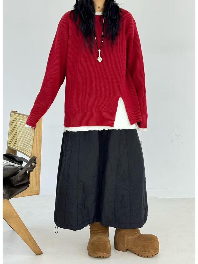 Becabeau Women's Winter Loose Knit Sweater, Plus Size, Korean Casual Style, Split Design, Crew Neck