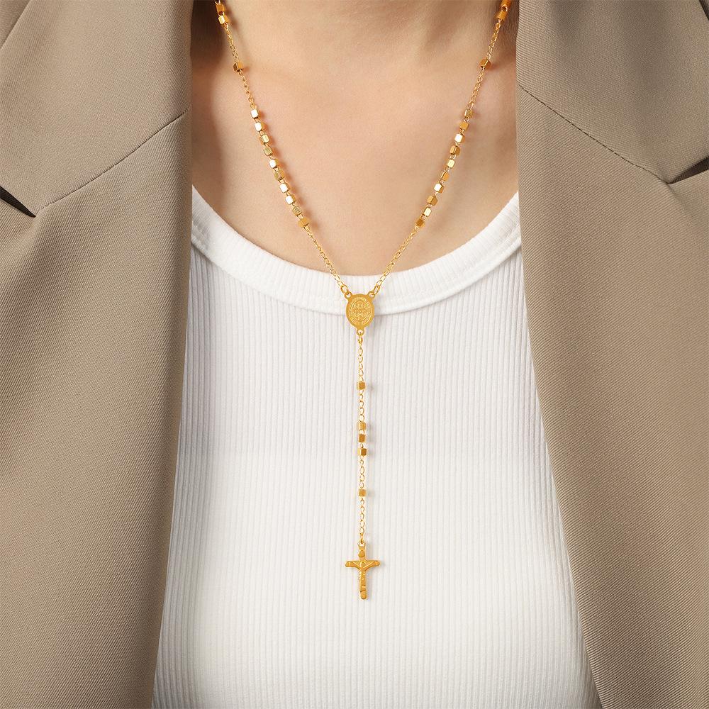 Retro British Jewelry: Oval Portrait Plate Tassel Cross Pendant on Titanium Steel Sweater Chain