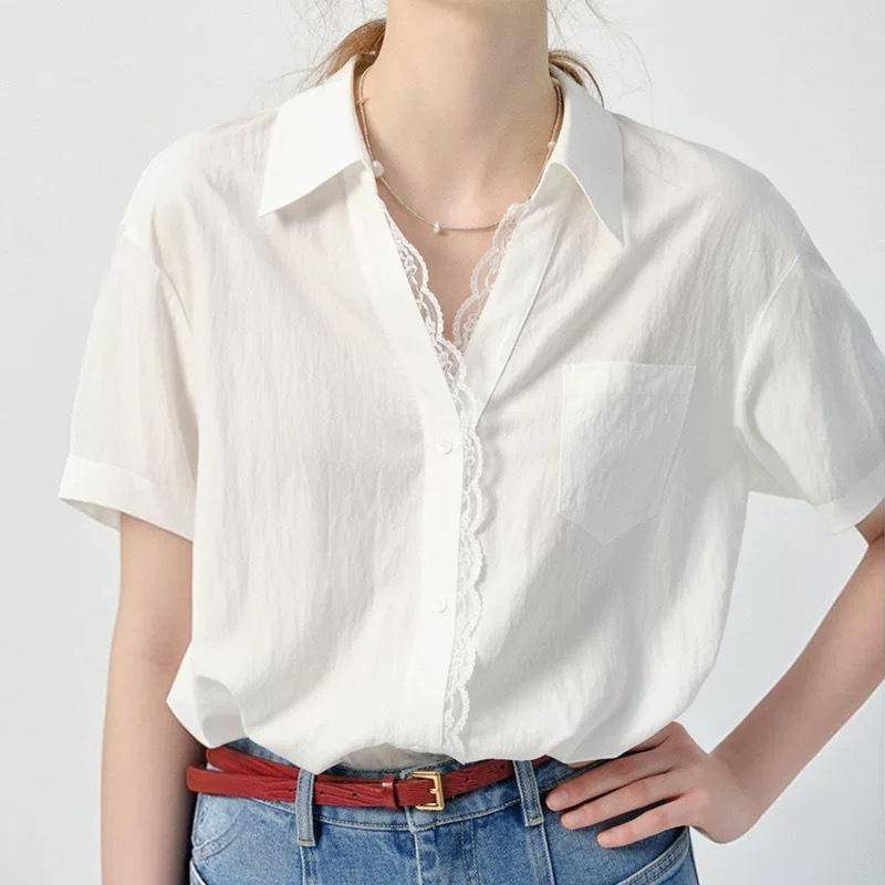 White long-sleeve women's shirt, 2026 spring new style, European style lace trim loose top