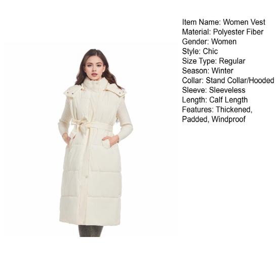Yousheng Winter Women Vest Coat with Belt Padded Stand Collar Sleeveless Calf Length Down Waistcoat Zipper And Button Closure Cold Weather Outerwear