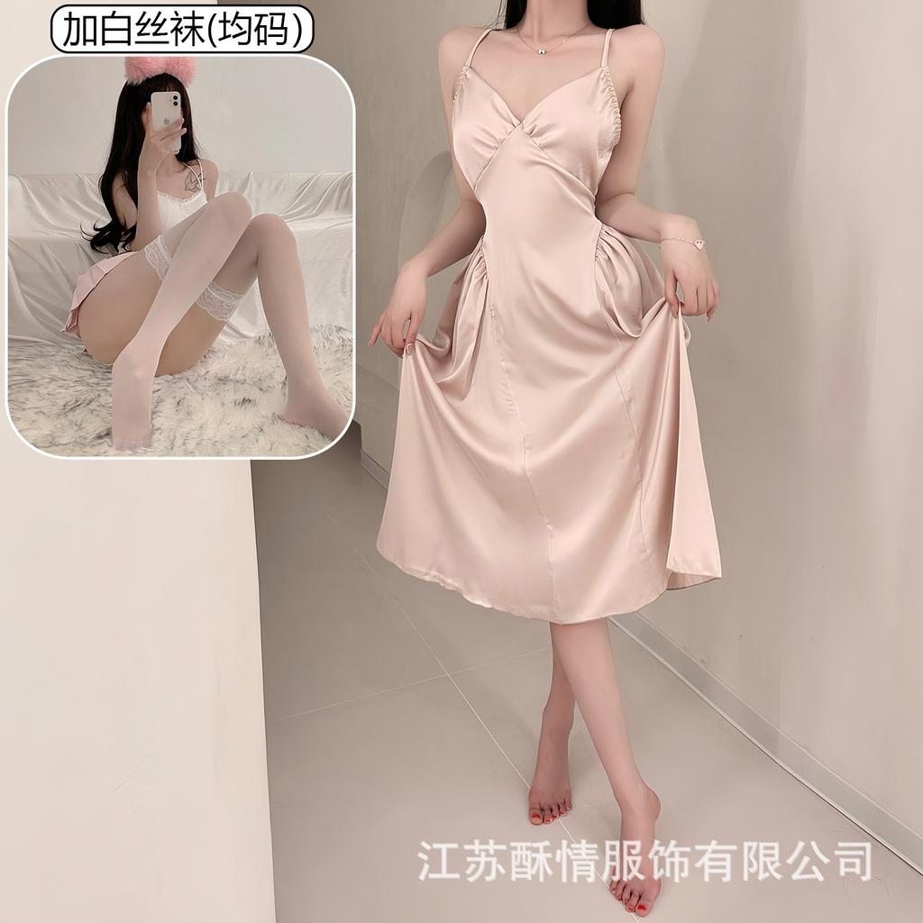 Crispy sexy suspender long hollow backless strap solid color low neck temptation casual nightdress home set