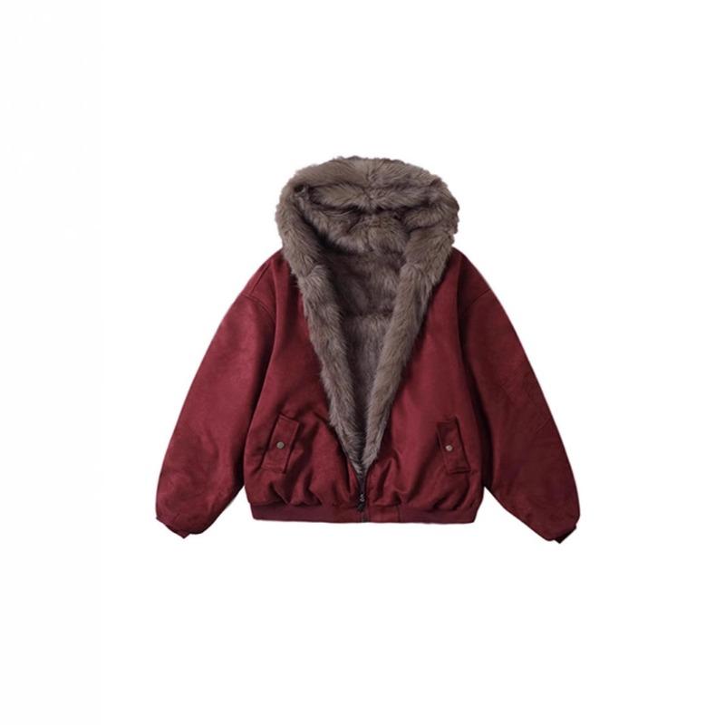 Women's Faux Fur Trimmed Suede Jacket Oversized Wine Red Winter Coat