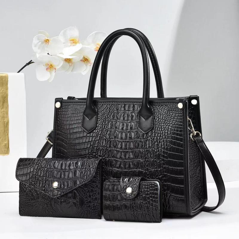 Three Piece Set, Mother Bag, Shiny Leather, Crocodile Pattern, Korean Version, Simple New Style Bag, Crossbody Bag, Big Bag, Women's Handbag