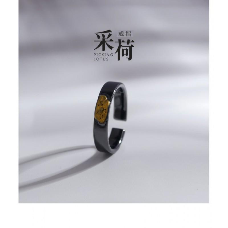 Adjustable Open Ring Men Women Minimalist Edge Design With Lotus Motif Plated Geometric Statement