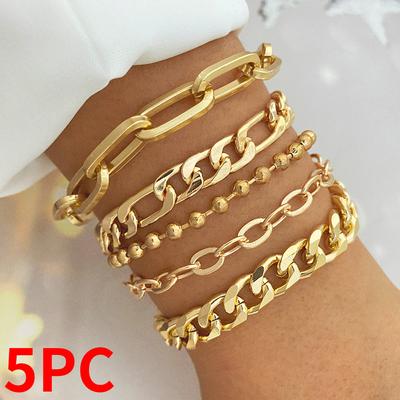 5-teiliges Armband für Damen, Gold, ausgehöhltes Armband, eleganter Party-Schmuck, geometrischer Ring, Schnalle, Kette, geschichtetes Armband, Damen-Armband-Set