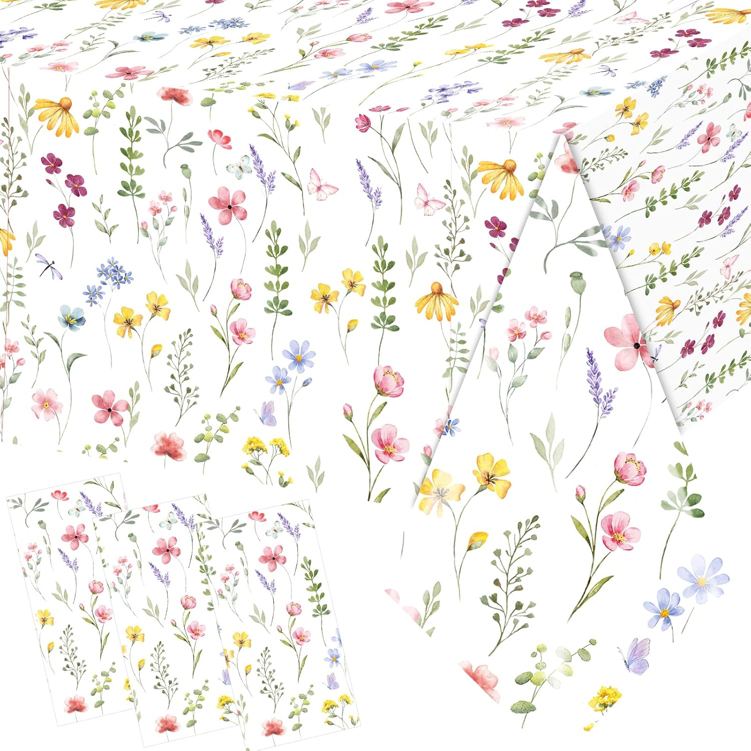 Juweked 3Pcs Colorful Wildflower Table Cloth Plastic Floral Table Cloth Flower Tablecloth Wildflower Party Decorations Butterfly Tablecloth Spring