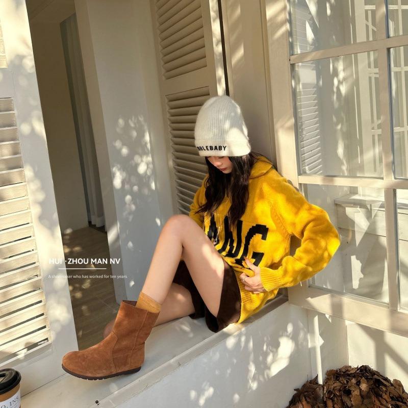 The first layer of cowhide~ genuine leather retro matte round-headed short boots women's soft-soled boots two wear flat-bottomed Martin boots